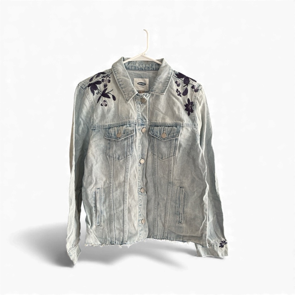 Old Navy Light Blue Jean Jacket with Purple Embroidery